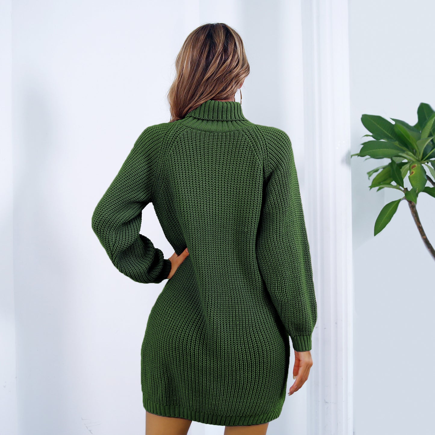 Autumn And Winter European And American Leisure Clinch Turtleneck Long Sleeve Base Sweater Dress