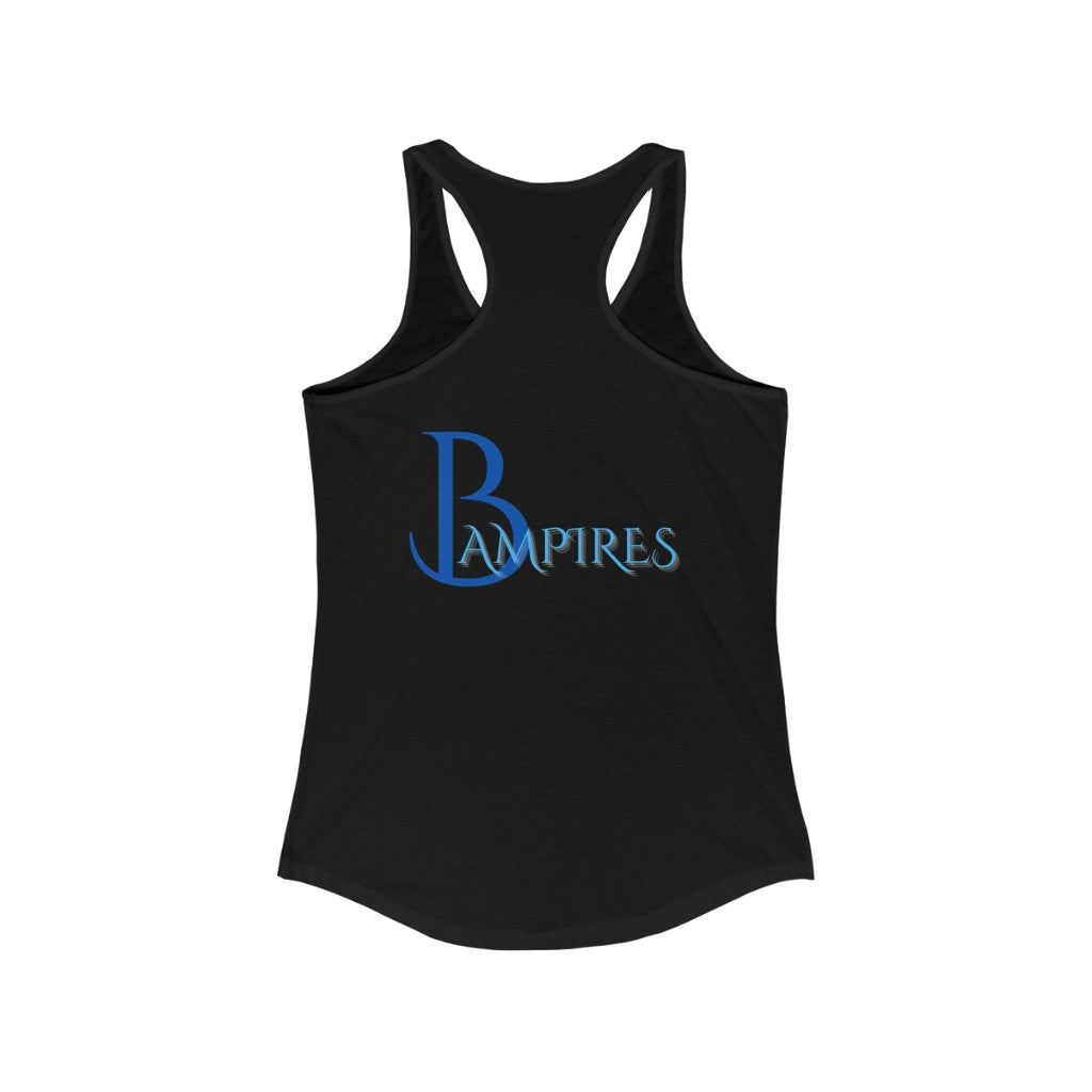 Schwarz/weißes ideales Racerback-Tanktop für Damen mit blauem Bampire-Logo 