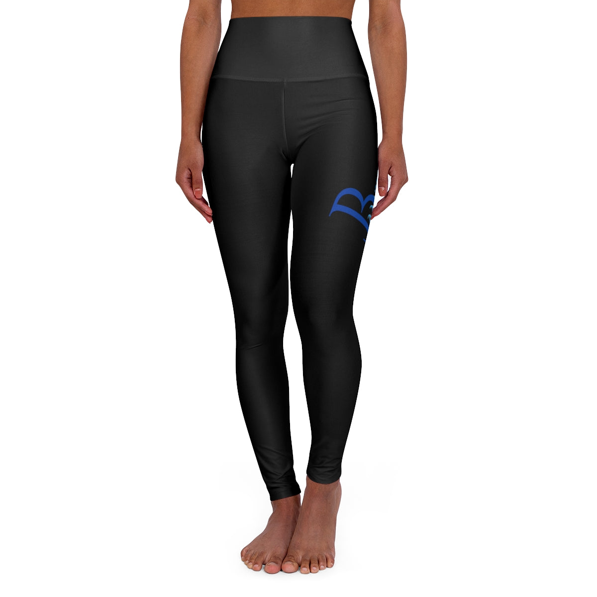 Schwarze Yoga-Leggings mit hohem Bund und blauem Bampire-Logo 