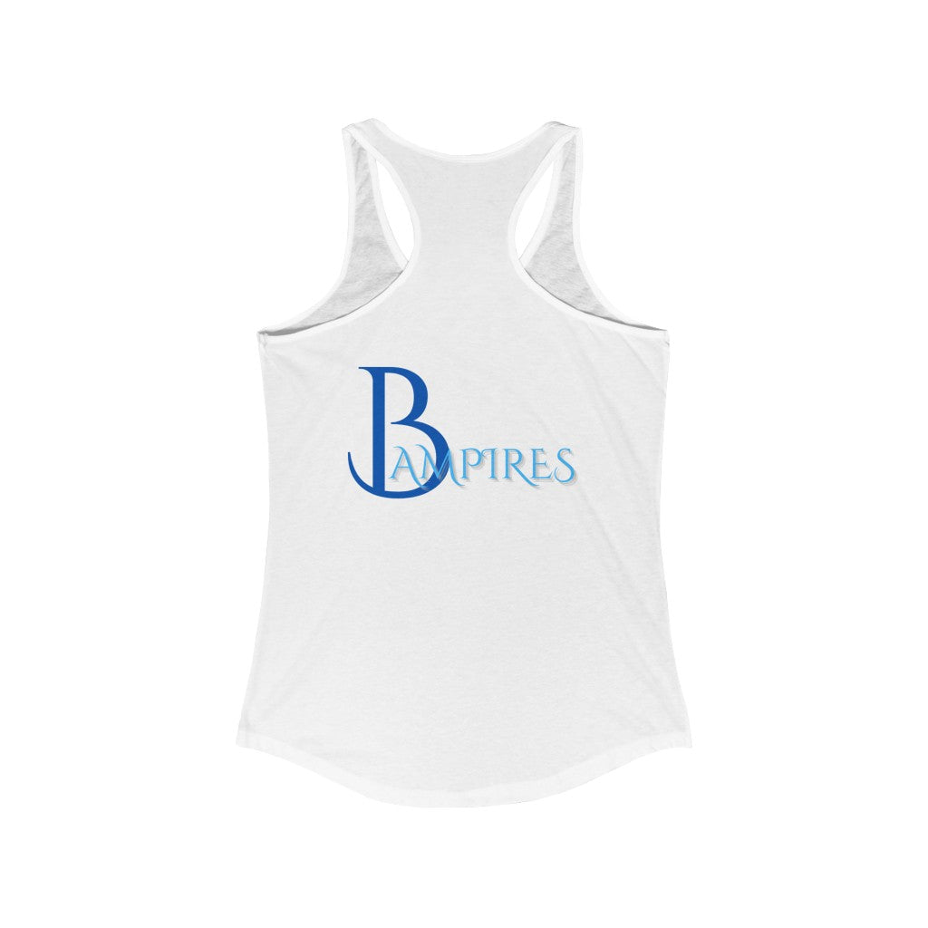 Schwarz/weißes ideales Racerback-Tanktop für Damen mit blauem Bampire-Logo 